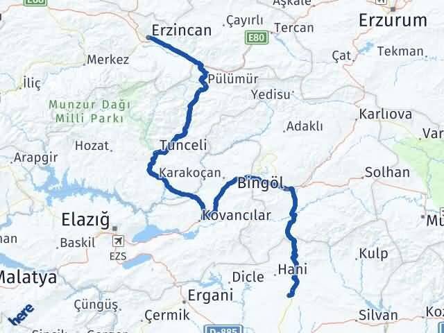 Erzincan Kocaköy Diyarbakır Arası Kaç Km - Yol Haritası