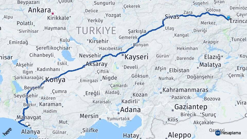 Erzincan Konaklı Alanya Antalya Arası Kaç Km - Yol Haritası