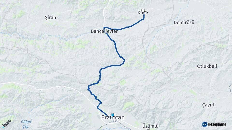 Erzincan Köse Gümüşhane Arası Kaç Km - Yol Haritası