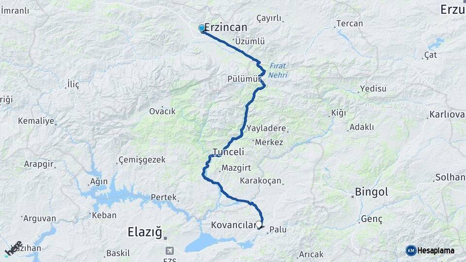 Erzincan Kovancılar Elazığ Arası Kaç Km - Yol Haritası