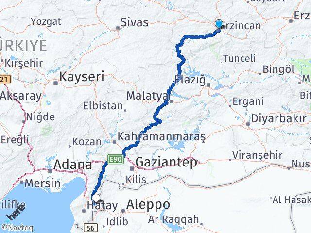 Erzincan Kumlu Hatay Arası Kaç Km - Yol Haritası