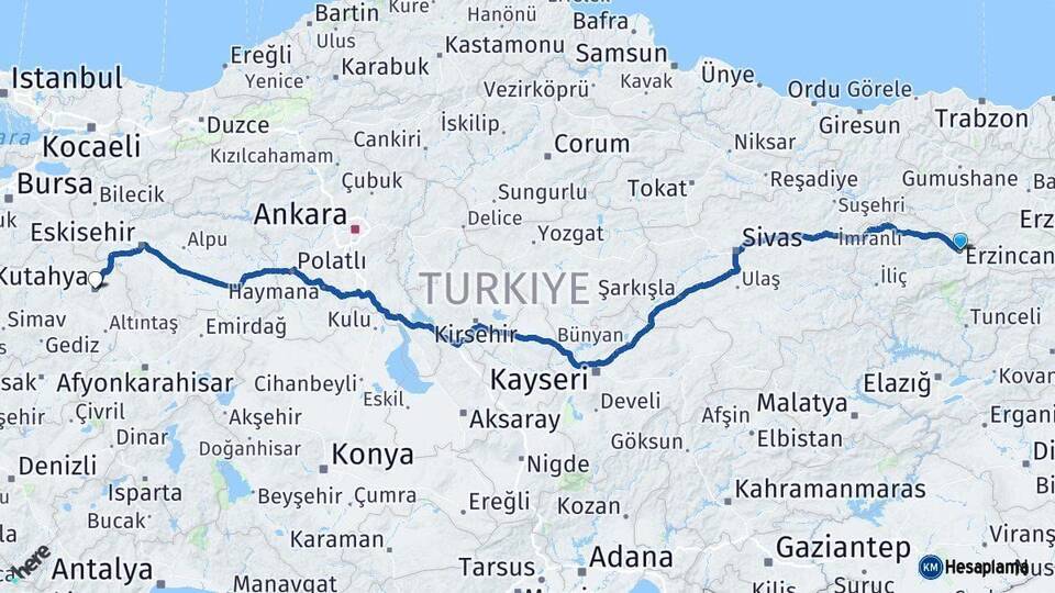 Erzincan Kütahya Arası Kaç Km - Yol Haritası