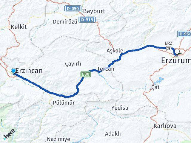 Erzincan Lalapaşa Yakutiye Erzurum Arası Kaç Km - Yol Haritası