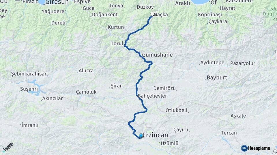 Erzincan Maçka Trabzon Arası Kaç Km - Yol Haritası