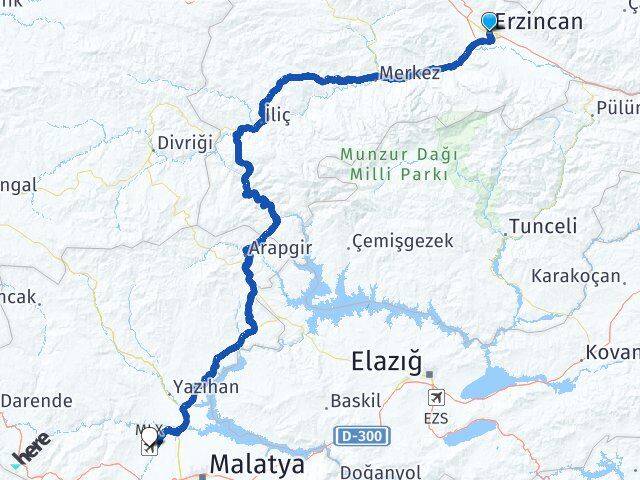 Erzincan Malatya Havalimanı Arası Kaç Km - Yol Haritası