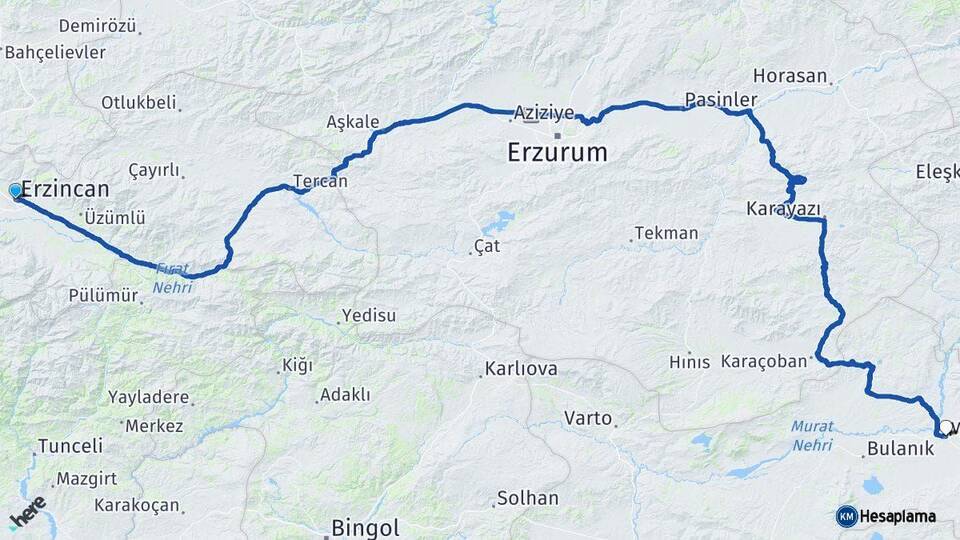 Erzincan Malazgirt Muş Arası Kaç Km - Yol Haritası