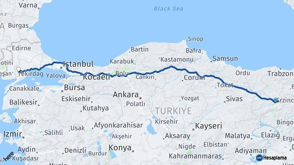 Erzincan Malkara Tekirdağ Arası Kaç Km - Yol Haritası