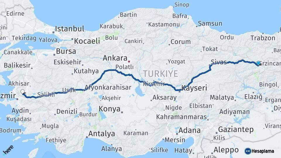 Erzincan Manisa Arası Kaç Km - Yol Haritası
