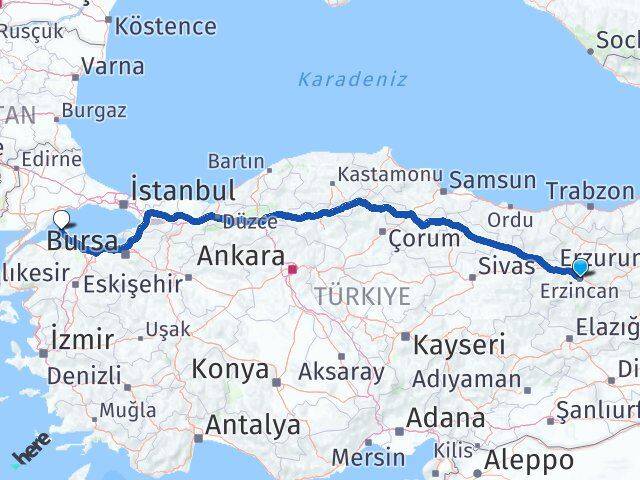 Erzincan Marmara Balıkesir Arası Kaç Km - Yol Haritası