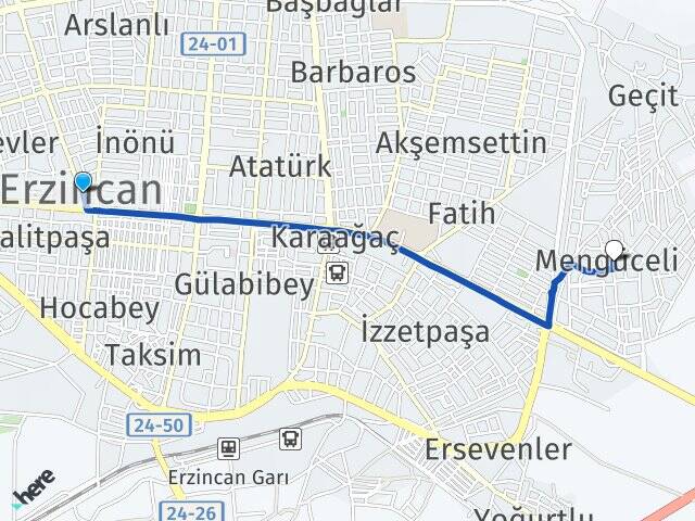 Erzincan Mengüceli Arası Kaç Km - Yol Haritası