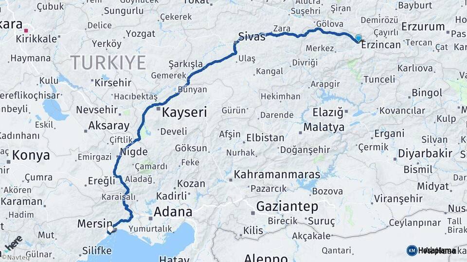 Erzincan Mezitli Mersin Arası Kaç Km - Yol Haritası