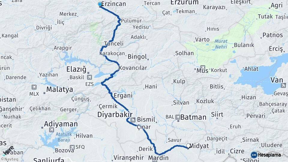 Erzincan Midyat Mardin Arası Kaç Km - Yol Haritası