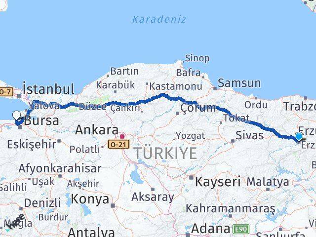 Erzincan Mudanya Bursa Arası Kaç Km - Yol Haritası
