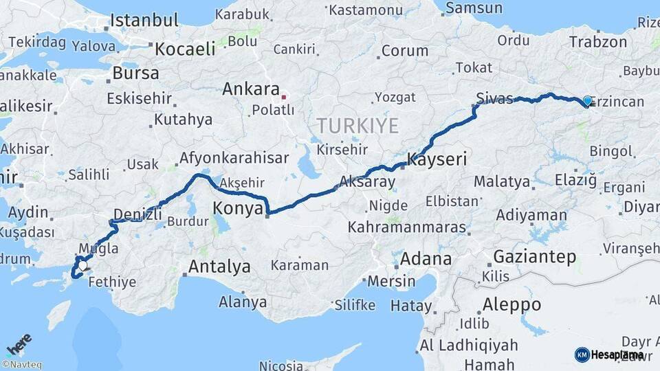 Erzincan Muğla Arası Kaç Km - Yol Haritası