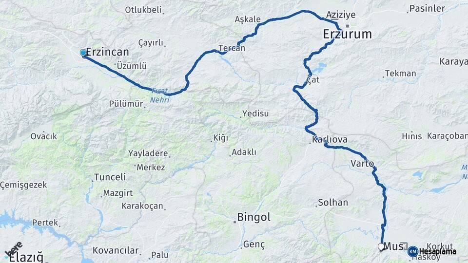 Erzincan Muş Arası Kaç Km - Yol Haritası