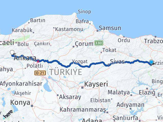 Erzincan Nallıhan Ankara Arası Kaç Km - Yol Haritası