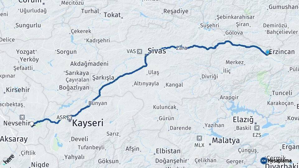 Erzincan Nevşehir Arası Kaç Km - Yol Haritası