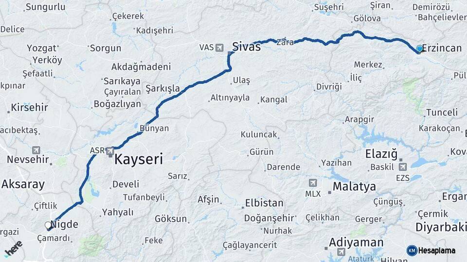 Erzincan Niğde Arası Kaç Km - Yol Haritası