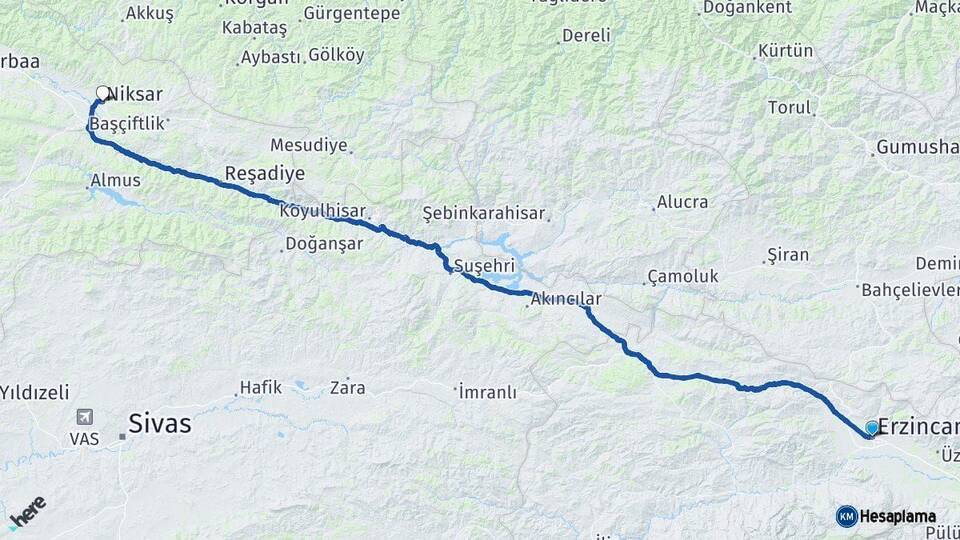 Erzincan Niksar Tokat Arası Kaç Km - Yol Haritası