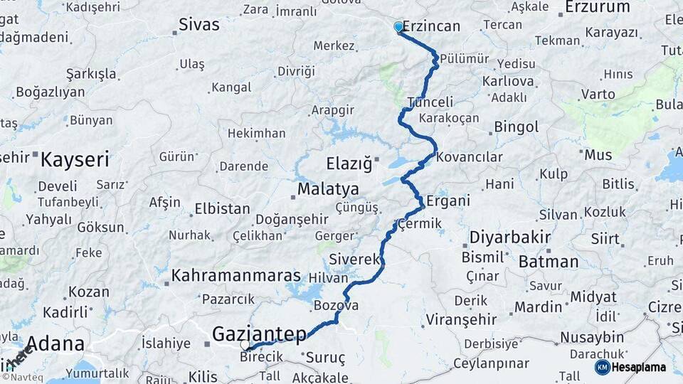 Erzincan Nizip Gaziantep Arası Kaç Km - Yol Haritası