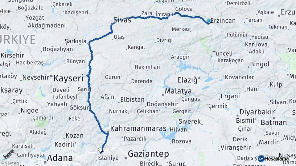 Erzincan Nurdağı Arası Kaç Km - Yol Tarifi