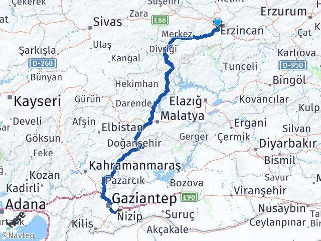Erzincan Oğuzeli Gaziantep Arası Kaç Km - Yol Haritası