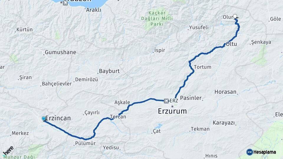 Erzincan Olur Erzurum Arası Kaç Km - Yol Haritası