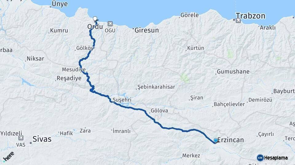 Erzincan Ordu Arası Kaç Km - Yol Haritası