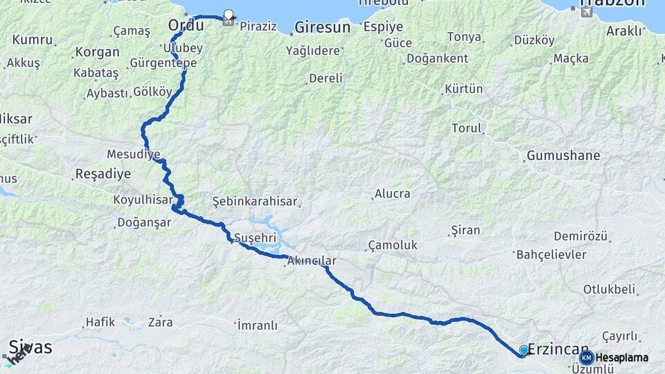 Erzincan Ordu Giresun Havalimanı Arası Kaç Km - Yol Haritası