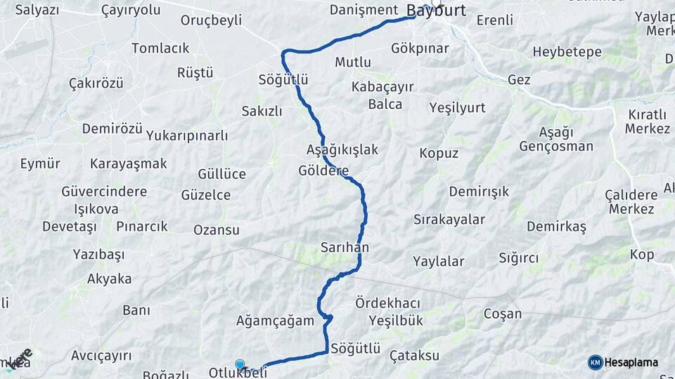 Erzincan Otlukbeli Bayburt Arası Kaç Km - Yol Haritası