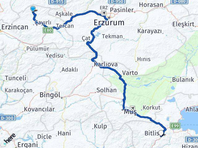 Erzincan Otlukbeli Bitlis Arası Kaç Km - Yol Haritası