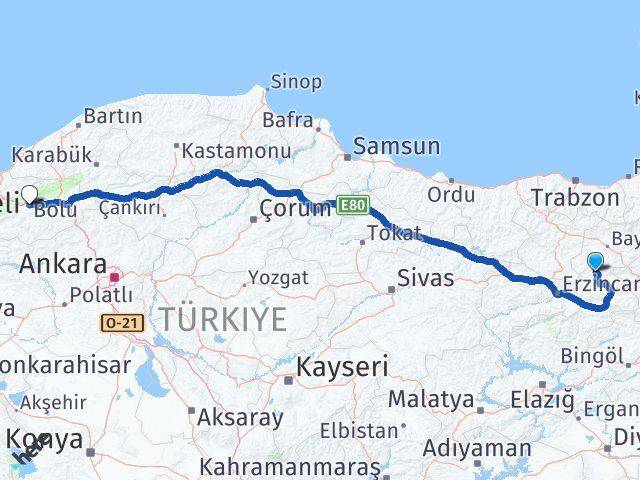 Erzincan Otlukbeli Bolu Arası Kaç Km - Yol Haritası