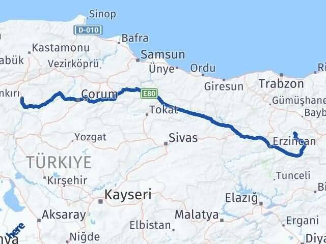 Erzincan Otlukbeli Çankırı Arası Kaç Km - Yol Haritası