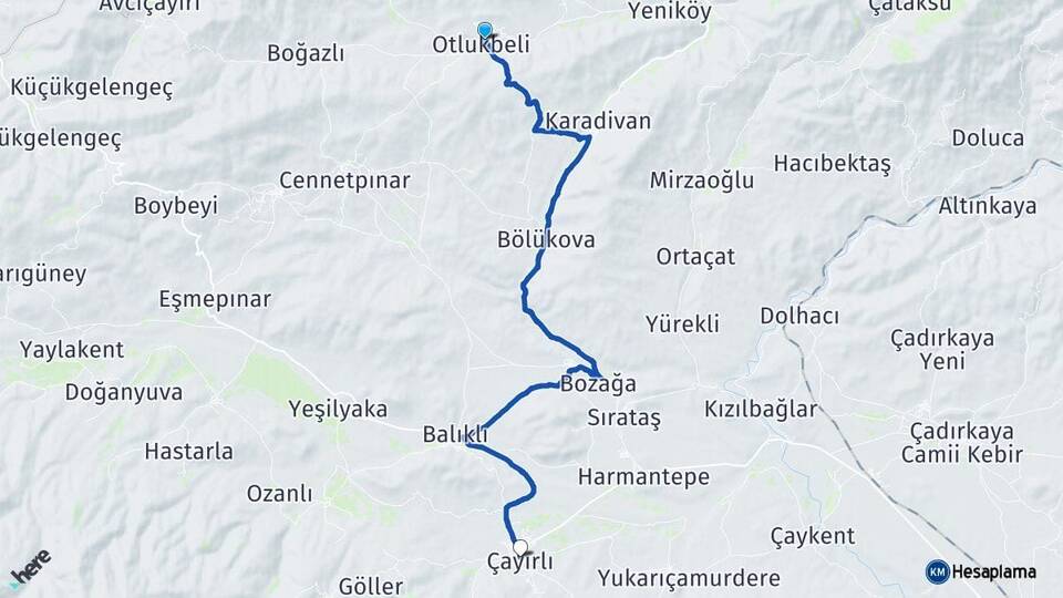 Erzincan Otlukbeli Çayırlı Arası Kaç Km - Yol Haritası