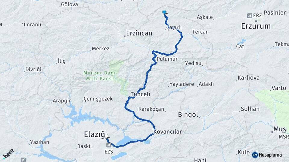 Erzincan Otlukbeli Elazığ Arası Kaç Km - Yol Haritası