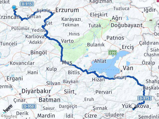 Erzincan Otlukbeli Hakkari Arası Kaç Km - Yol Haritası