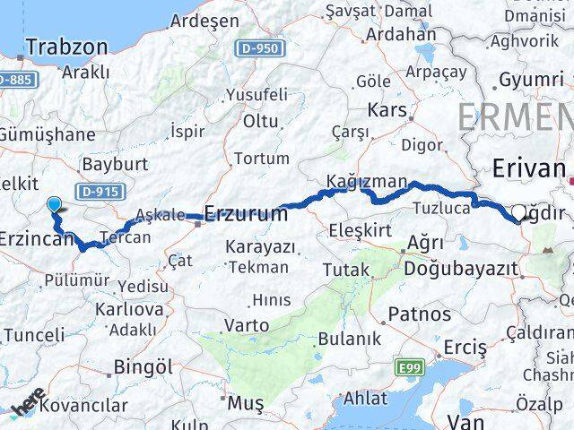 Erzincan Otlukbeli Iğdır Arası Kaç Km - Yol Haritası