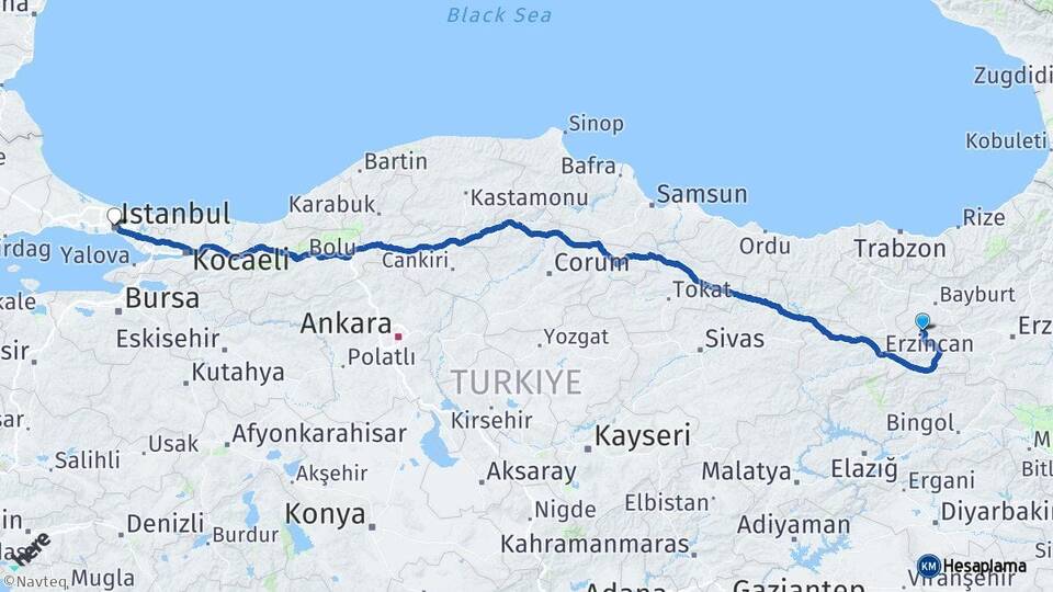 Erzincan Otlukbeli İstanbul Arası Kaç Km - Yol Haritası