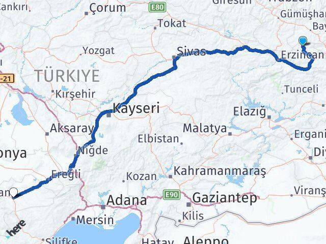 Erzincan Otlukbeli Karaman Arası Kaç Km - Yol Haritası