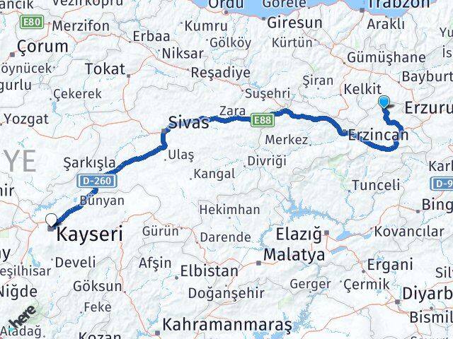 Erzincan Otlukbeli Kayseri Arası Kaç Km - Yol Haritası