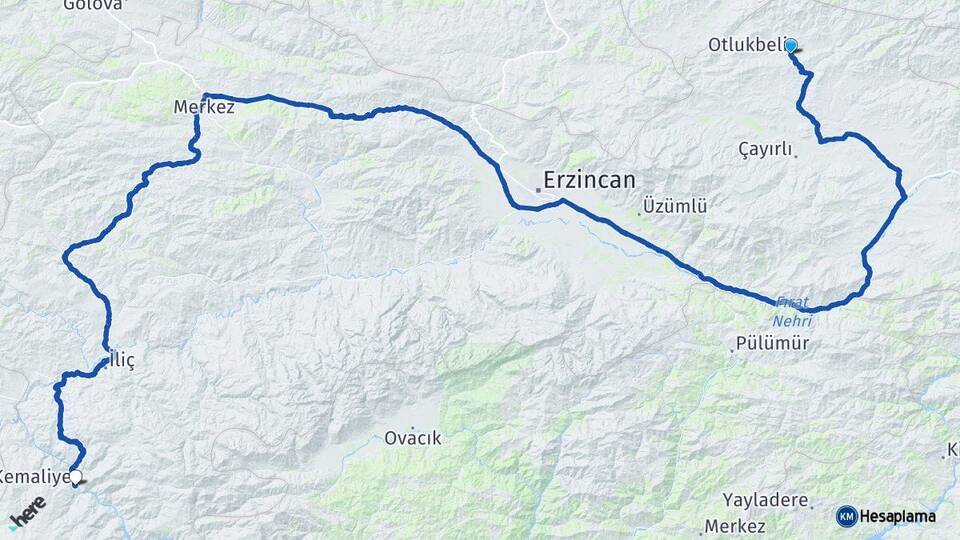 Erzincan Otlukbeli Kemaliye Arası Kaç Km - Yol Haritası