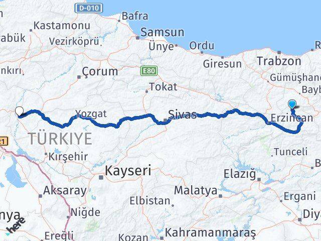 Erzincan Otlukbeli Kırıkkale Arası Kaç Km - Yol Haritası