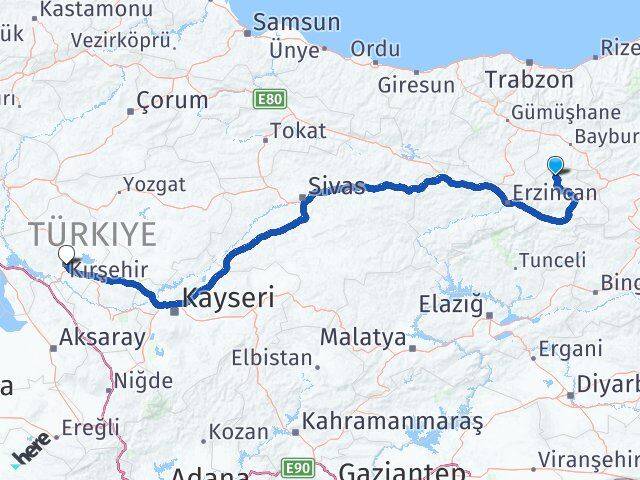 Erzincan Otlukbeli Kırşehir Arası Kaç Km - Yol Haritası