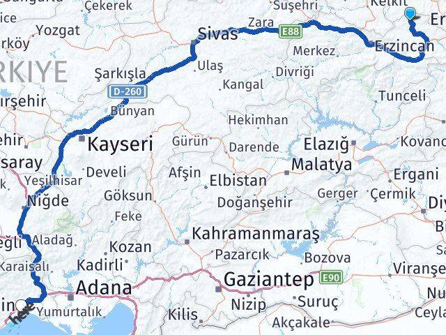 Erzincan Otlukbeli Mersin Arası Kaç Km - Yol Haritası