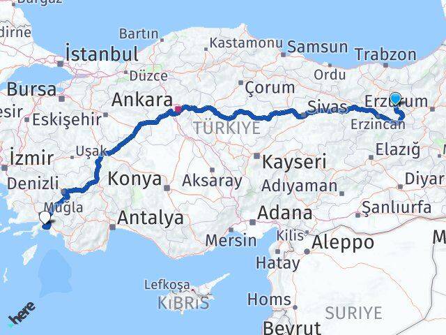 Erzincan Otlukbeli Muğla Arası Kaç Km - Yol Haritası