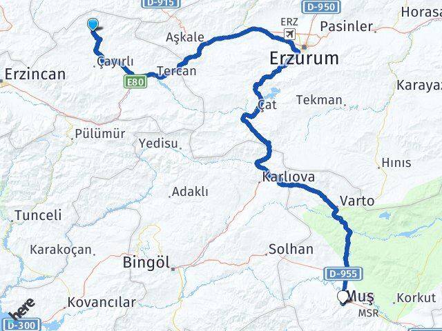 Erzincan Otlukbeli Muş Arası Kaç Km - Yol Haritası
