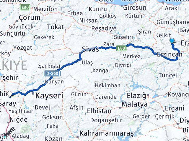 Erzincan Otlukbeli Nevşehir Arası Kaç Km - Yol Haritası