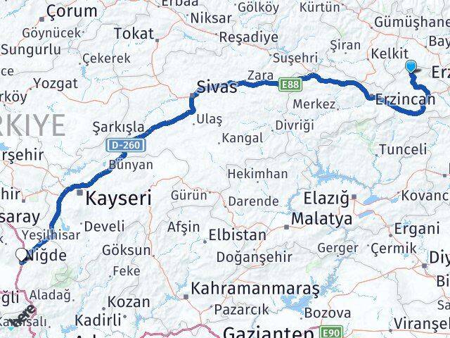 Erzincan Otlukbeli Niğde Arası Kaç Km - Yol Haritası