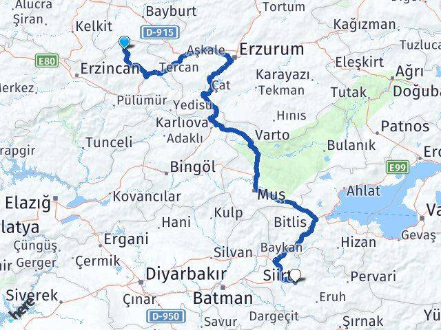 Erzincan Otlukbeli Siirt Arası Kaç Km - Yol Haritası