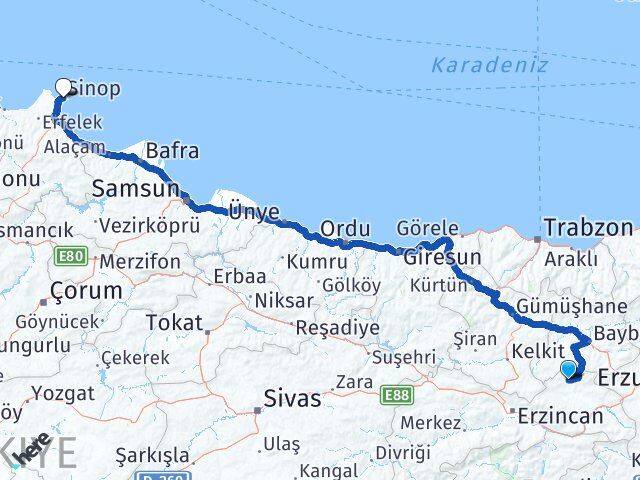 Erzincan Otlukbeli Sinop Arası Kaç Km - Yol Haritası